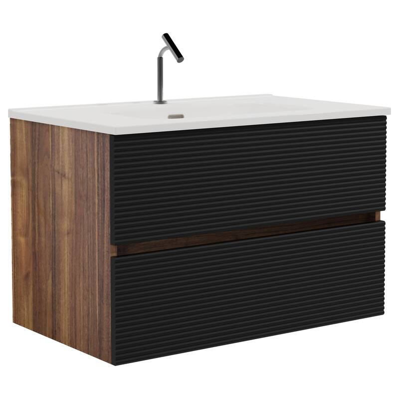 GDFStudio - Gloria Modern Wall-Mounted Floating Bathroom Vanity with Integrated Ceramic Basin & Soft-Close Drawers