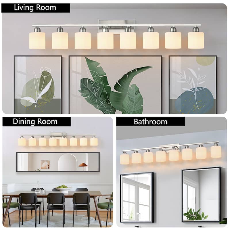 8-Light 52" Nickel Bathroom Vanity - Milky Glass - Wall Sconce for Bedroom, Living