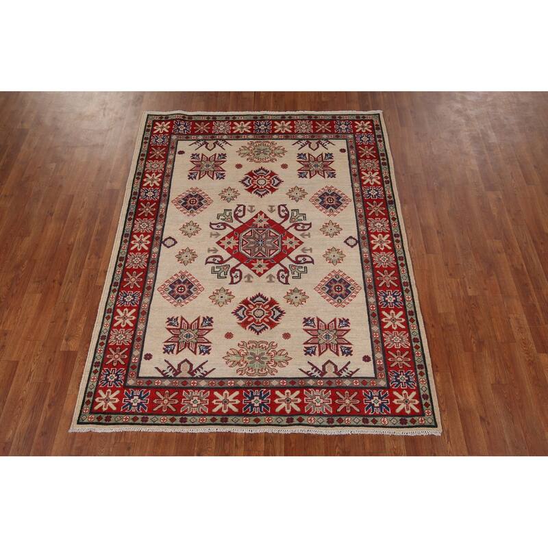 Beige / Ivory Geometric Kazak Rug Hand-Knotted Wool Carpet - 5'2" x 6'9"