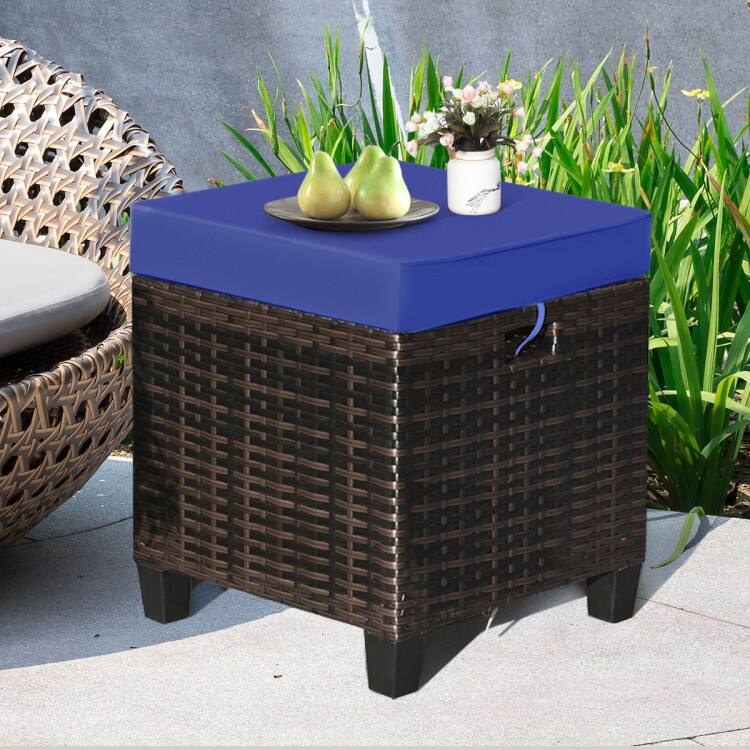 2PCS Patio Rattan Ottoman Cushioned Seat-Navy - 16" x 16" x 18" (with cushion)