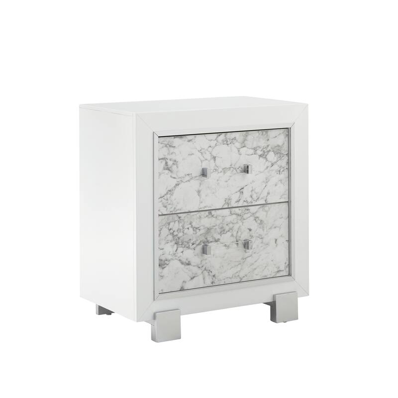 White Marble Nightstand with Spacious Drawers and Knob Hardware