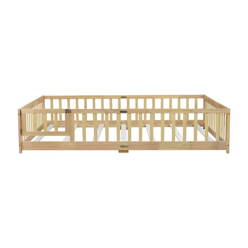 Grey Queen Size Wooden Floor Bed with Fence, Door, Rubber Safety Guardrails