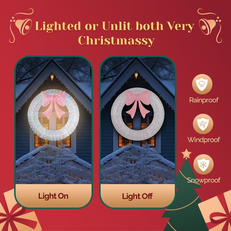 60in Pre-lit Outdoor Christmas Wreath Decoration, Lighted Metal Wreath with Pink Bow,for Front Door Gate Wall Holiday Party