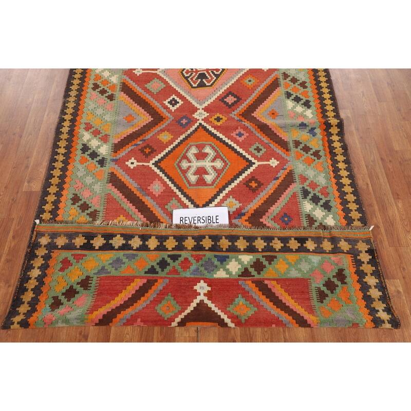 Kilim Qashqai Persian Vintage Rug Flatweave Orange Wool Carpet - 5'0"x 8'11"