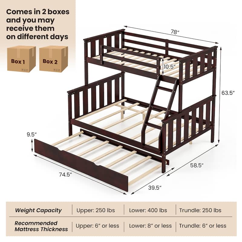 3-in-1 Twin Over Full Bunk Bed with Trundle Ladder Safety Guardrails