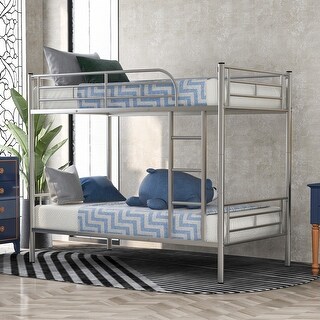 Silver Twin over Twin Metal Bunk Bed with Fence and Ladder for Kids