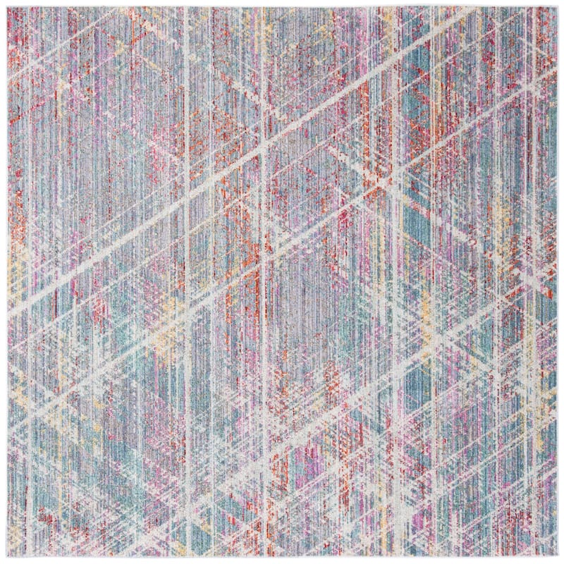 SAFAVIEH Windsor Cecilie Shabby Chic Oriental Polyester Rug with - 6' Square - Ivory/Aqua