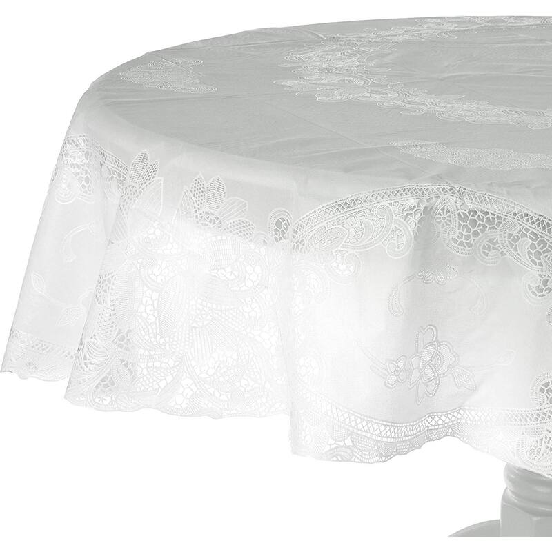 Violet Linen Vinyl Lace Battenberg embossed Floral Pattern Tablecloth - 72" Round - White