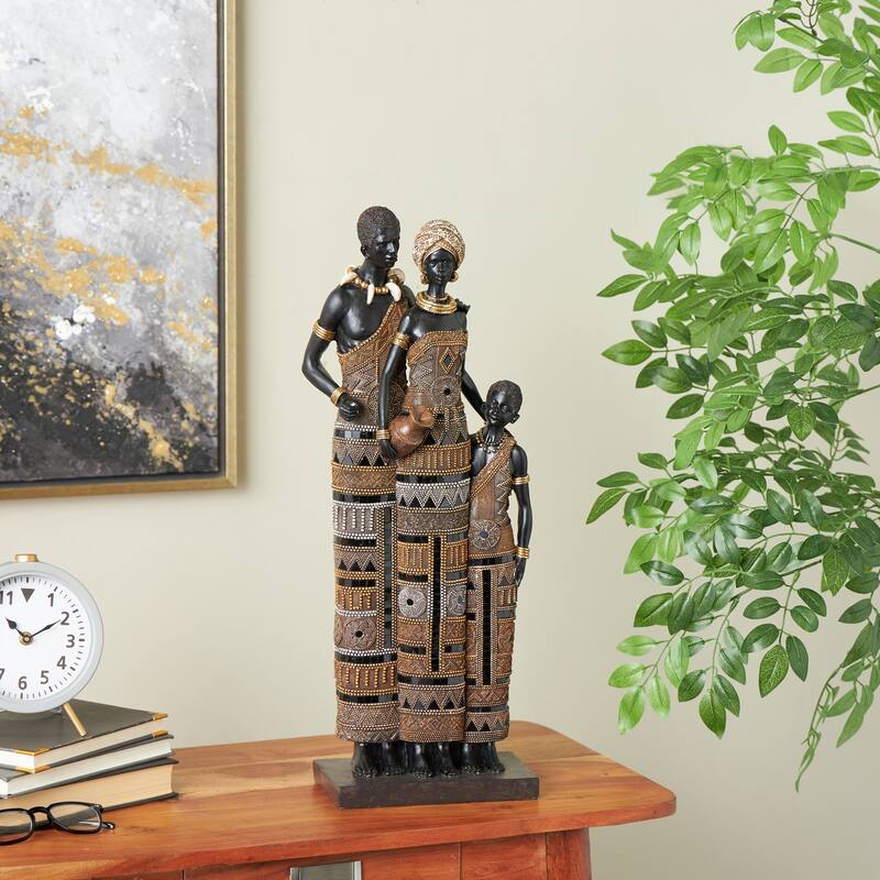 Black Resin Tall African Family Decorative Sculpture with Gold Jewels - Black - 9"W, 31"H