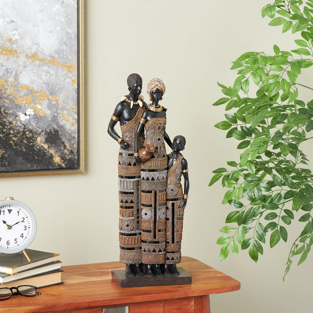 Black Resin Tall African Family Decorative Sculpture with Gold Jewels