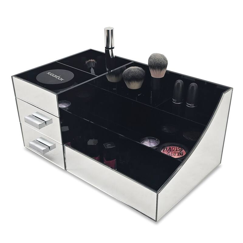 OnDisplay Cindy Tiered 2 Drawer Mirrored Acrylic Makeup/Jewelry Organizer for Bathroom Vanity/Desktop - Silver