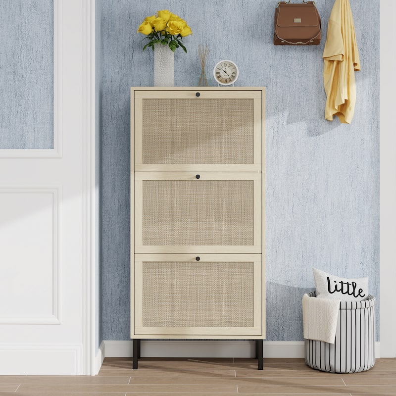 Roomfitters Rattan Shoe Cabinet, Modern Freestanding Shoe Storage Organizer with 3 Flip Doors