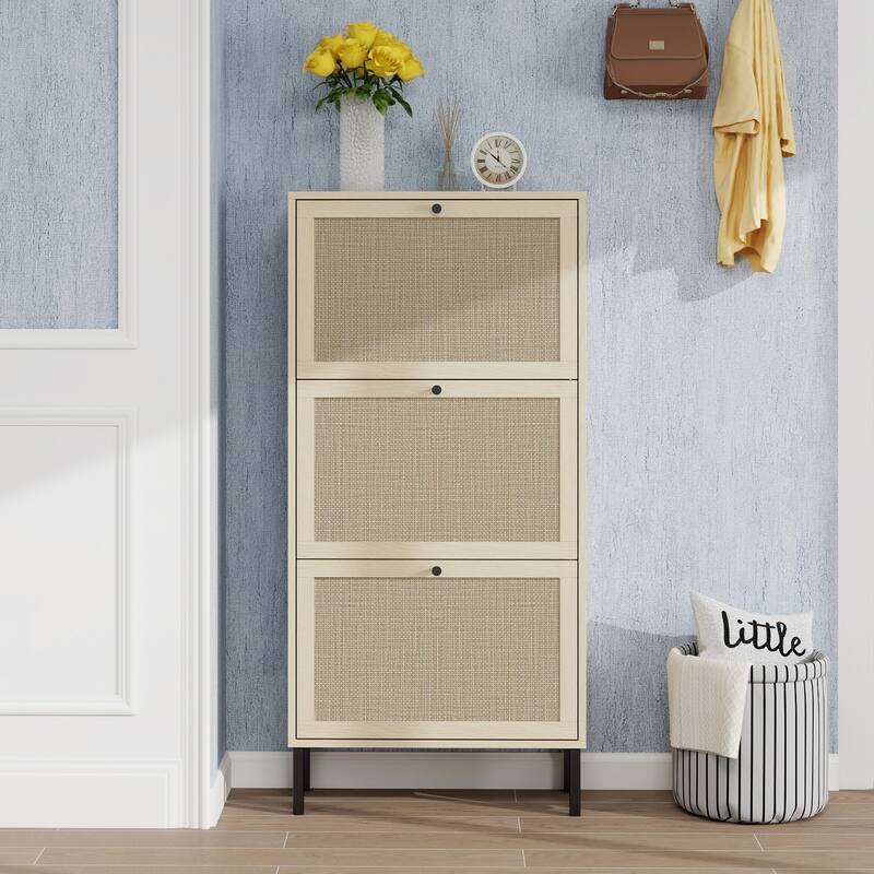 Shoe Storage Cabinet with 3 Flip Drawers, Freestanding 3-Tier Shoe Rack, Slim Shoe Organizer with Half Round Woven Rattan Doors - Natural