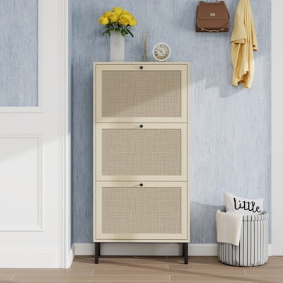 Shoe Storage Cabinet with 3 Flip Drawers, Freestanding 3-Tier Shoe Rack, Slim Shoe Organizer with Half Round Woven Rattan Doors