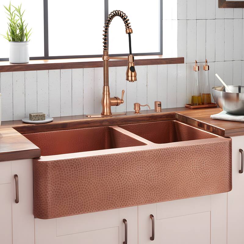 Copper Pre-Rinse Spring Kitchen Faucet, Single Level Solid Brass Kitchen Sink Faucets with Pull Down Sprayer - 8.9x21"