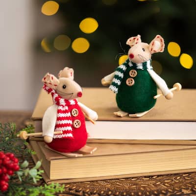 Skiing Mice Christmas Decorations - 3.5" - Set of 2