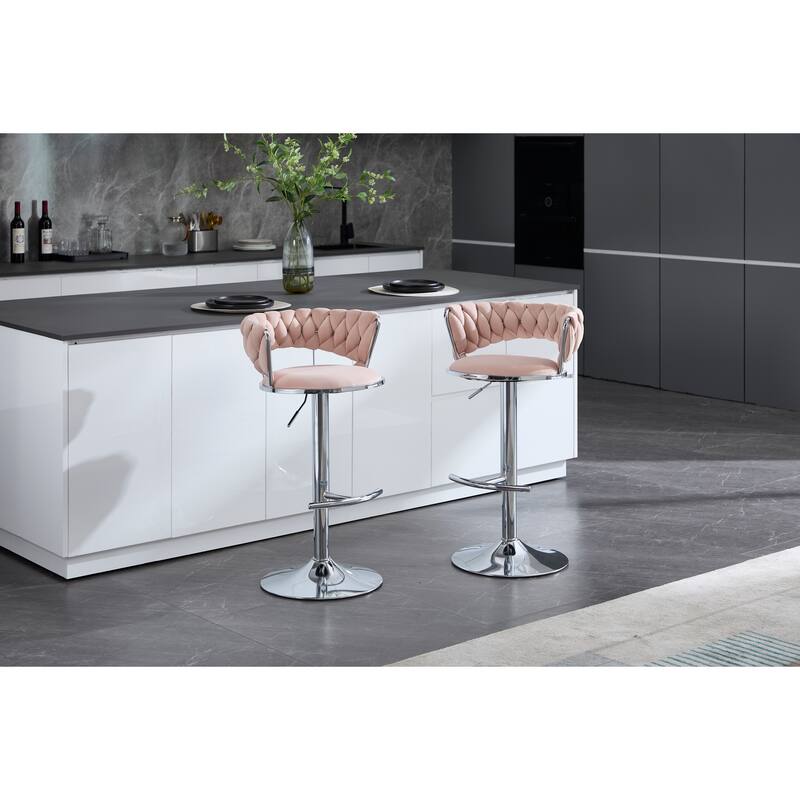 Set Of 2 Bar Stools,With Chrome Footrest And Base Swivel Height Adjustable Mechanical Lifting Velvet, Chrome Leg