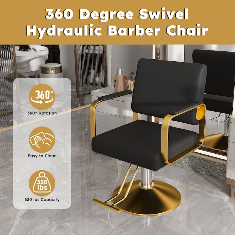 Roomfitters Hydraulic Salon Chair, 360 Swivel Styling Chair with Gold Base, Professional Barber Equipment, Black