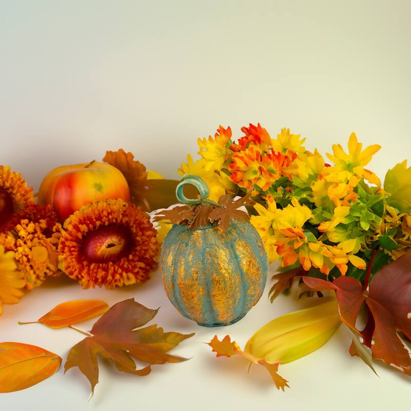13" Autumn Harvest Pumpkin Metal Decoration - Orange and Green