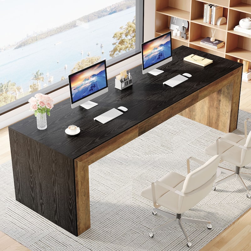 86.6'' Long Double Computer Desk Large Workstations for 2 Person - Brown+Black