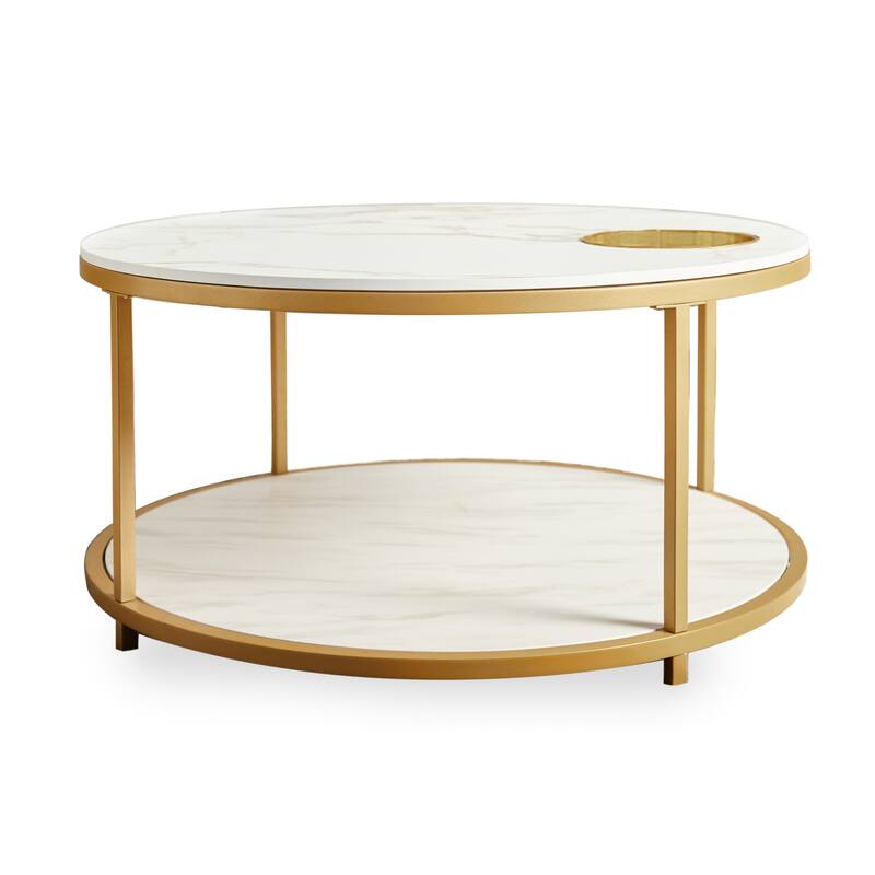 34.64" White & Gold Round Coffee Table with Two-Layer Tabletop & Storage, Modern Design