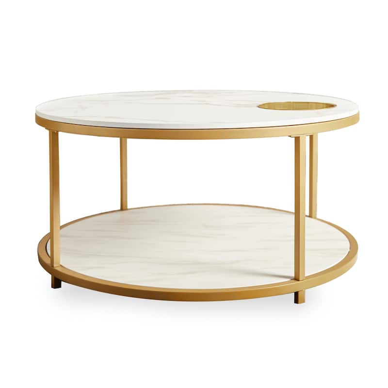 Round 2-Tier Coffee Table with Featuring Built-In Storage Slots and Shelf
