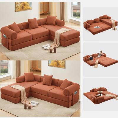 107" Orange Corduroy Modular Sectional Sofa Bed, 7-in-1, No Assembly
