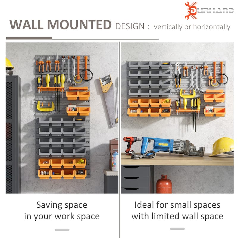 DURHAND 44 Piece Wall Mounted Pegboard Tool Organizer Rack Kit with Various Sized Storage Bins, Pegboard, & Hooks, Orange