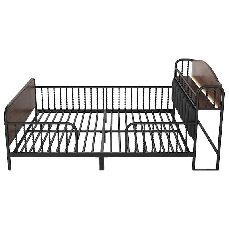 Full Size Metal Platform Bed Frame with LED Lights, Upholstered Headboard, and Storage for Kids, Black