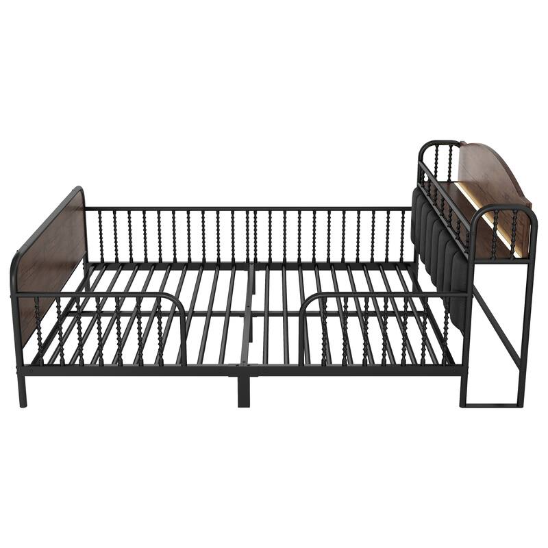 Kids Platform Bed Metal Frame with Linen Fabric Upholstered Storage Headboard Built-in Light Strip, Both Sides Rails