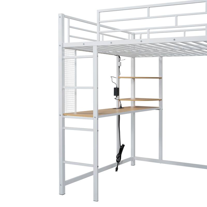 Full Size Metal Loft Bed with Built-in Desk, Wardrobe & Power Outlet - 350LB Capacity