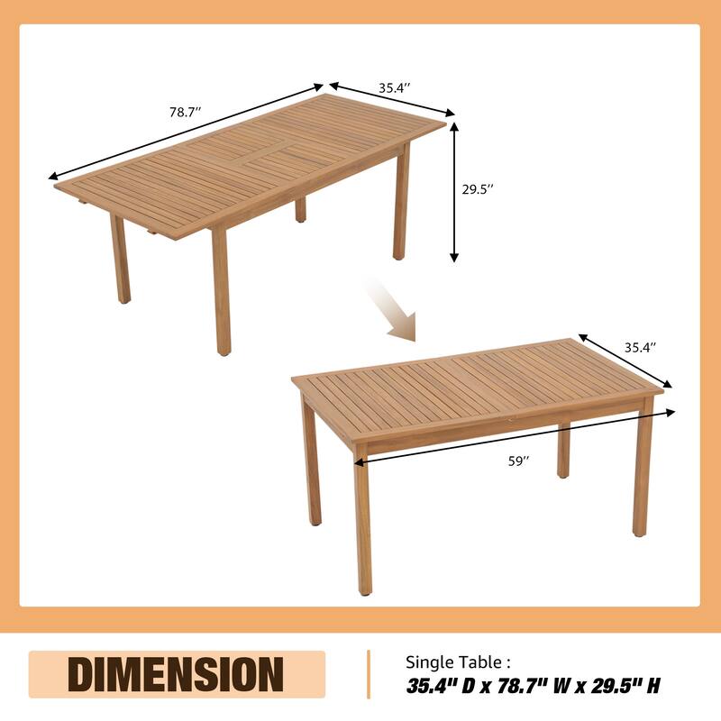 Outdoor Wooden Dining Table Set with 6 Woven Rope Chairs