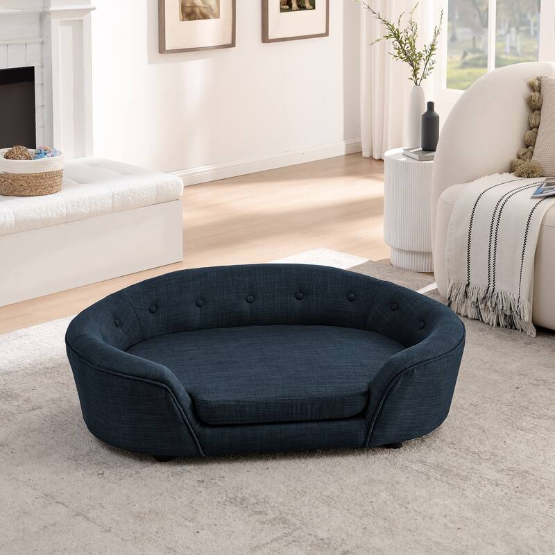 Oval Semi-Enclosed Dog Sofa, Durable Linen Material, Button-Tufted Backrest, High-Center Low-Sides Support Plush Comfort-Beige