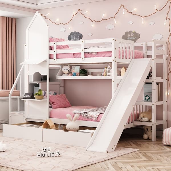 slide 2 of 45, Bunk Bed with 2 Drawers & 3 Shelves, Castle Style Bedframe with Slide for Kids Boys/Girls/Teens White - Twin