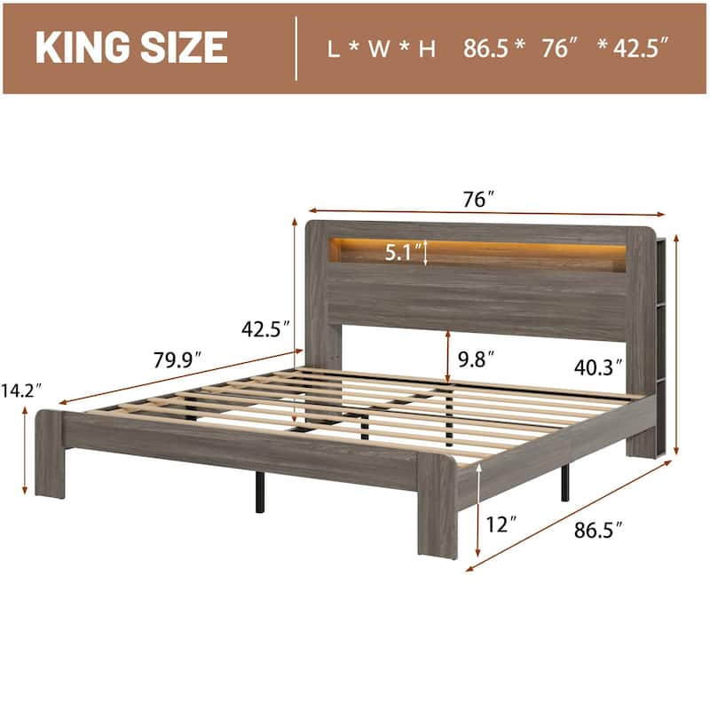 Wood Platform Bed Frame, Smart LED Bed Frame, LED Storage Headboard with Shelves on Each Side and Charging Station