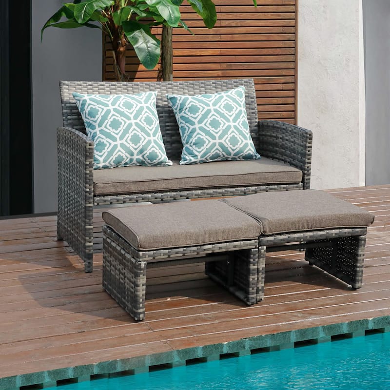 3 PCS Patio Rattan Furniture Set Loveseat and Ottoman Cushioned - Taupe