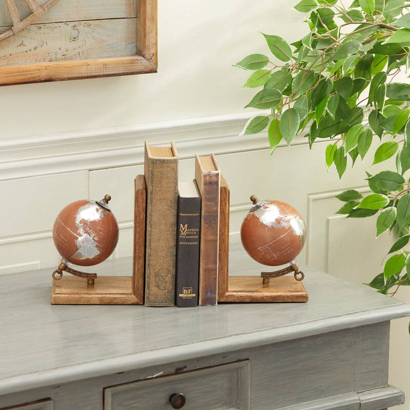 Wood Globe Bookends - Set of 2 Brown - Roche River Decor - 4"W x 6"L x 7"H