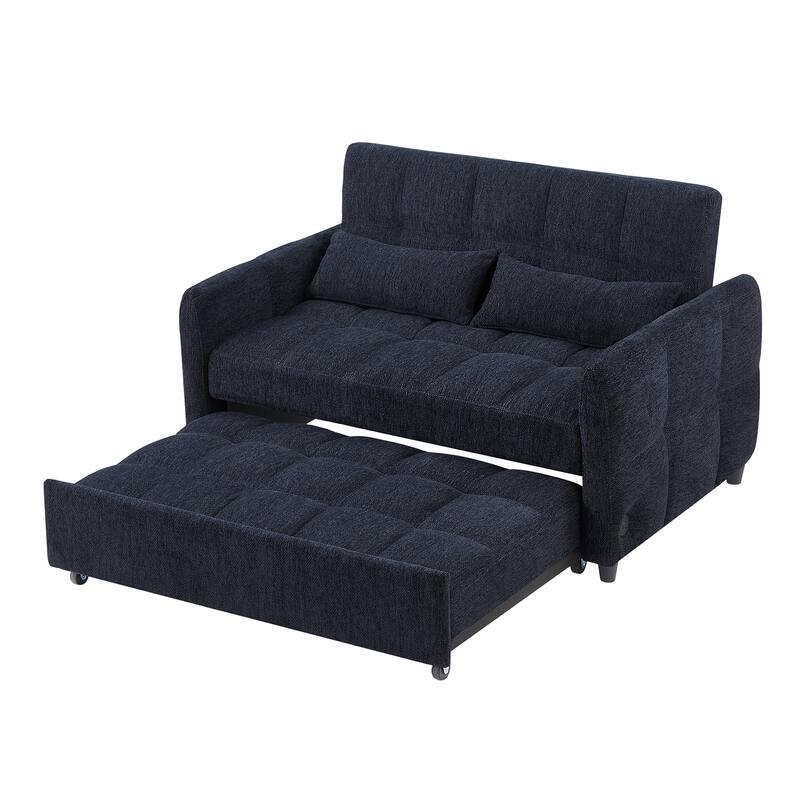 52.8" Blue Chenille Loveseat Sofa Bed with Adjustable Backrest and USB Ports
