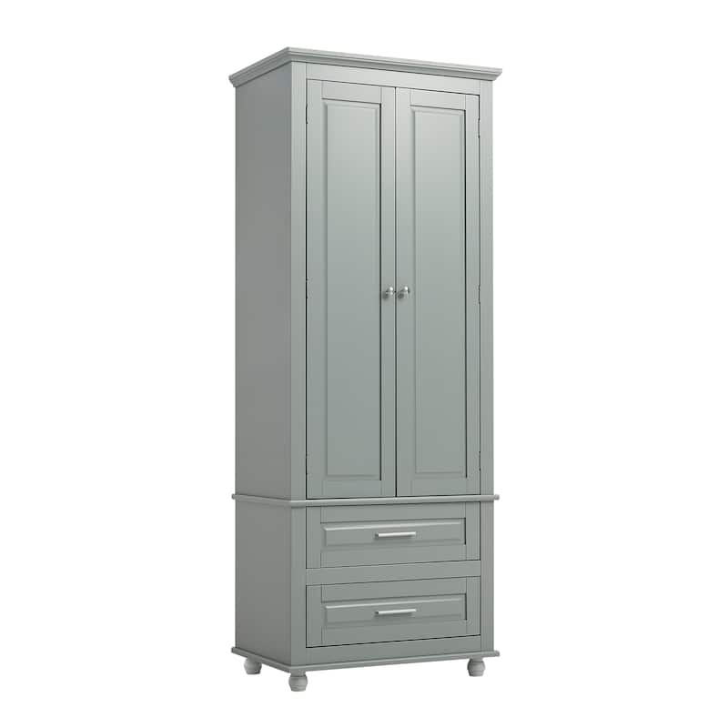 Freestanding Tall Storage Cabinet with 2 Drawers, 2 Doors, Round Legs and Adjustable Shelf for Bathroom Office Kitchen