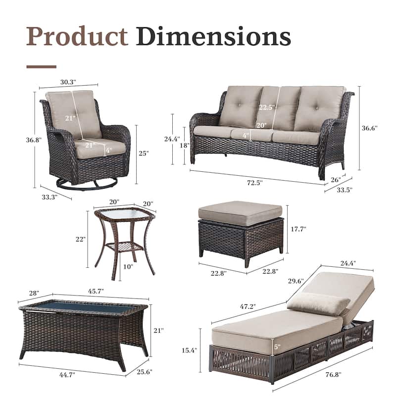 Gymojoy Luxury Outdoor Wicker Patio Furniture with 3 Seat Sofa, Chaise Lounge Chair，Swivel Chair, Rattan Coversation Set