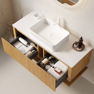 48" Floating Sintered Stone Countertop Bathroom Vanity Cabinet with Drawers and Open Shelf, Round Basin /Rectangular Basin