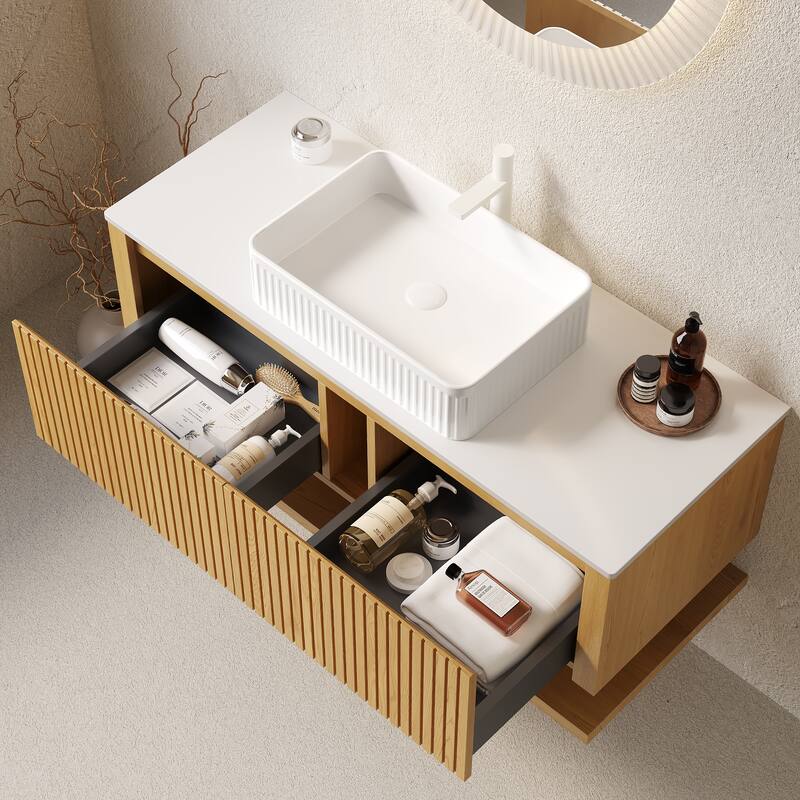 GDFStudio - Hizon Modern 48" Floating Bathroom Vanity with Ceramic Basin, Corolla Oak Finish & Open Shelf, WITHOUT Faucet