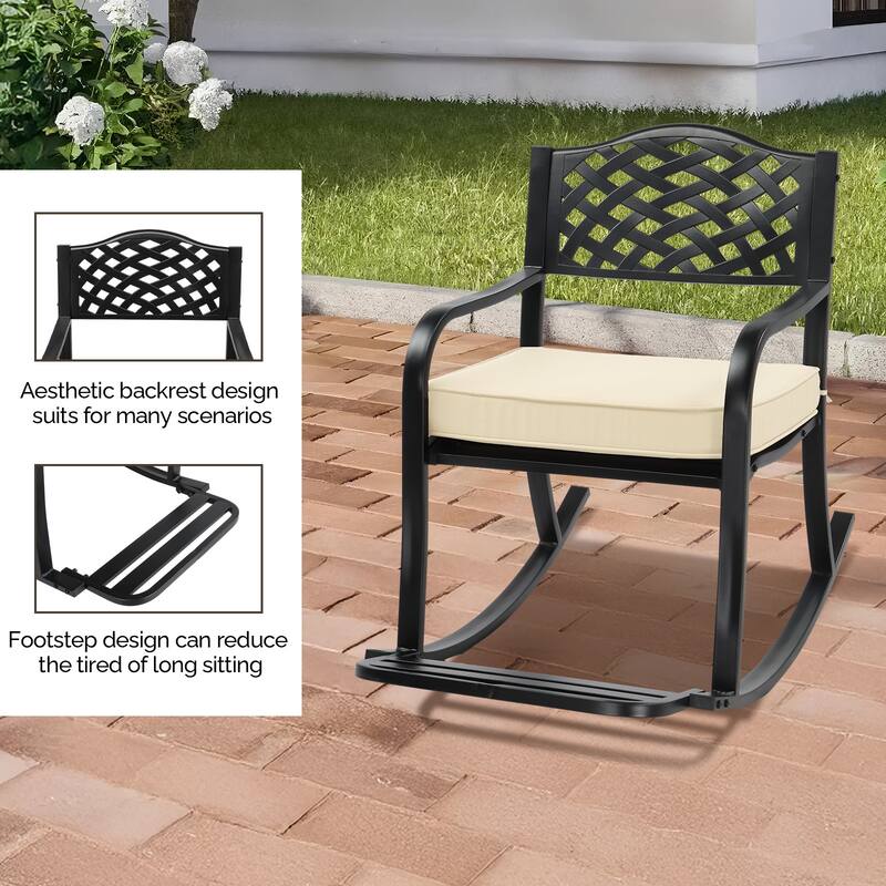 Metal Rocking Chair with Cushion and Footrest for Patio - 23.2" x 40.1" x 35.6"
