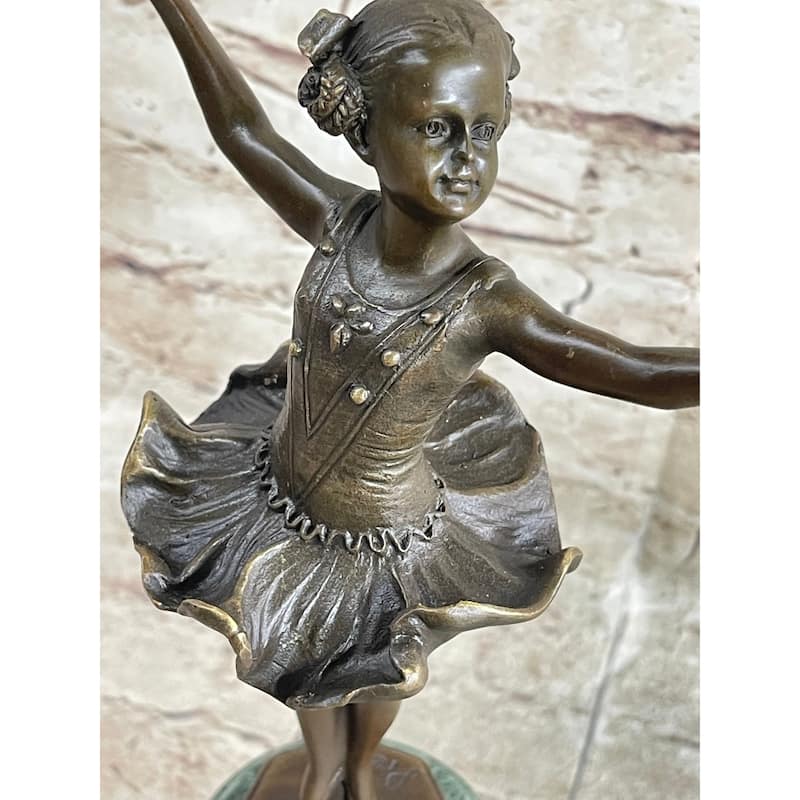Ballerina Ballet Dancer Young Girl Bronze Figurine Sculpture On Green Marble Base