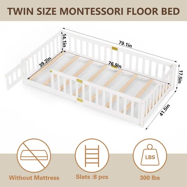 Toddler Floor Bed, Montessori Floor Bed with Rails and Lockable Door