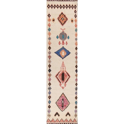 Tribal Moroccan Geometric Runner Rug Wool Hand-knotted Oriental Carpet - 2'11" x 12'10"