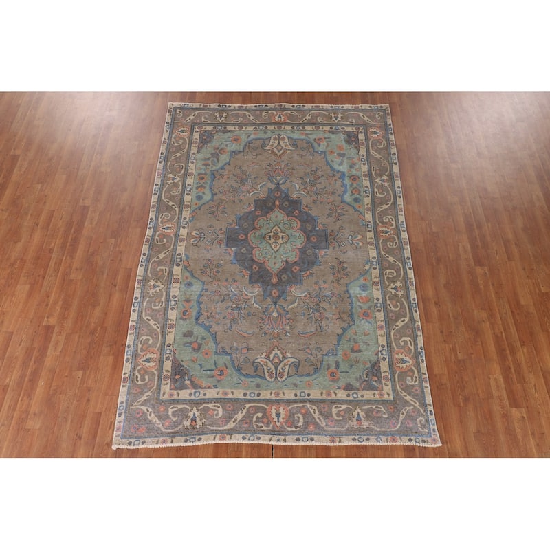 Tabriz Living Room Vintage Rug Handmade Wool Carpet - 6'5"x 9'6"