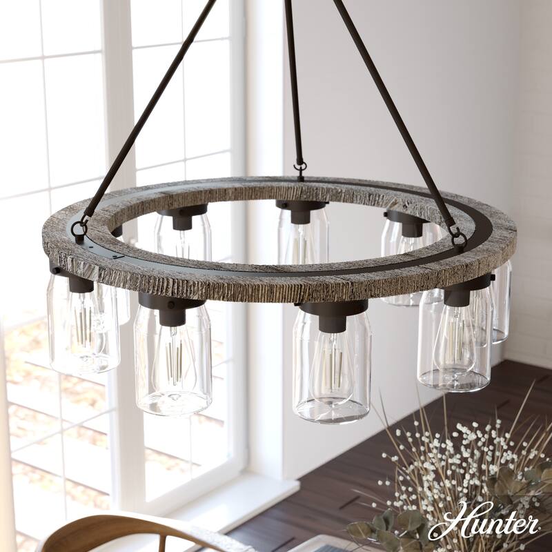 Hunter Devon Park 9-Light Chandelier, Wagon Wheel - Dining Room - Rustic, Farmhouse, Clear Glass - Onyx Bengal-Barnwood