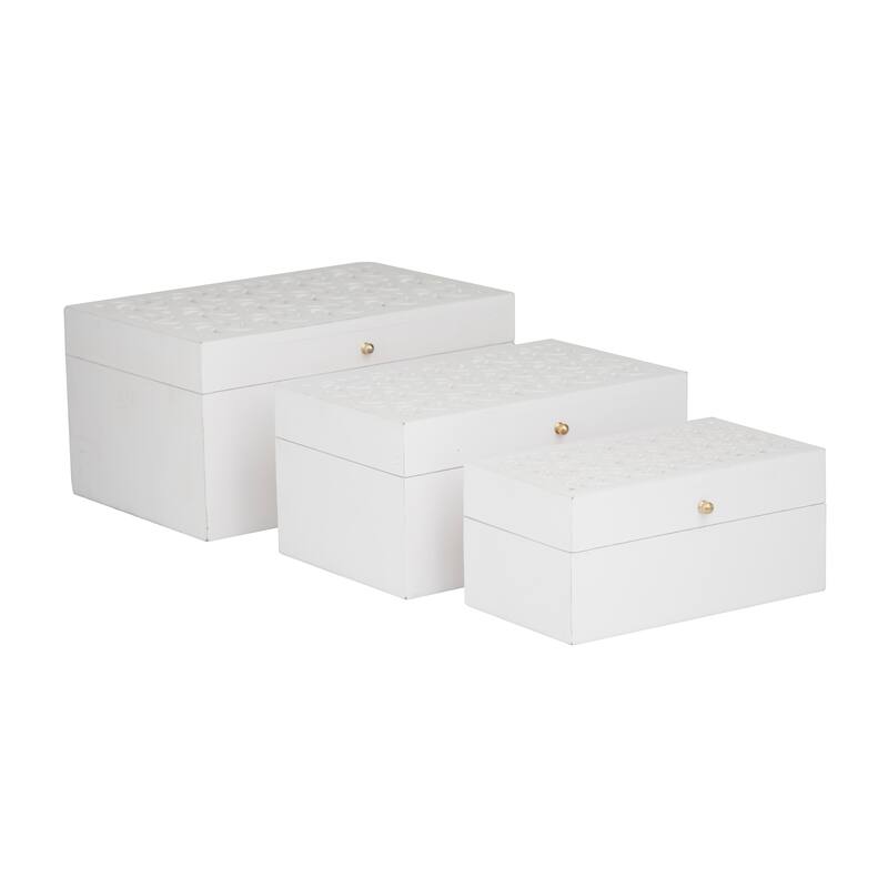 Wood Intricate Carved Box with Hinged Lid (Set of 3) - S/3 12, 10, 9"W