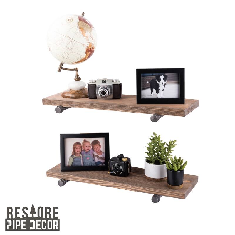 Restore Wood 24 in. Wall Shelf Straight Steel Pipe Brackets, Set of 2 - Sunset Brown
